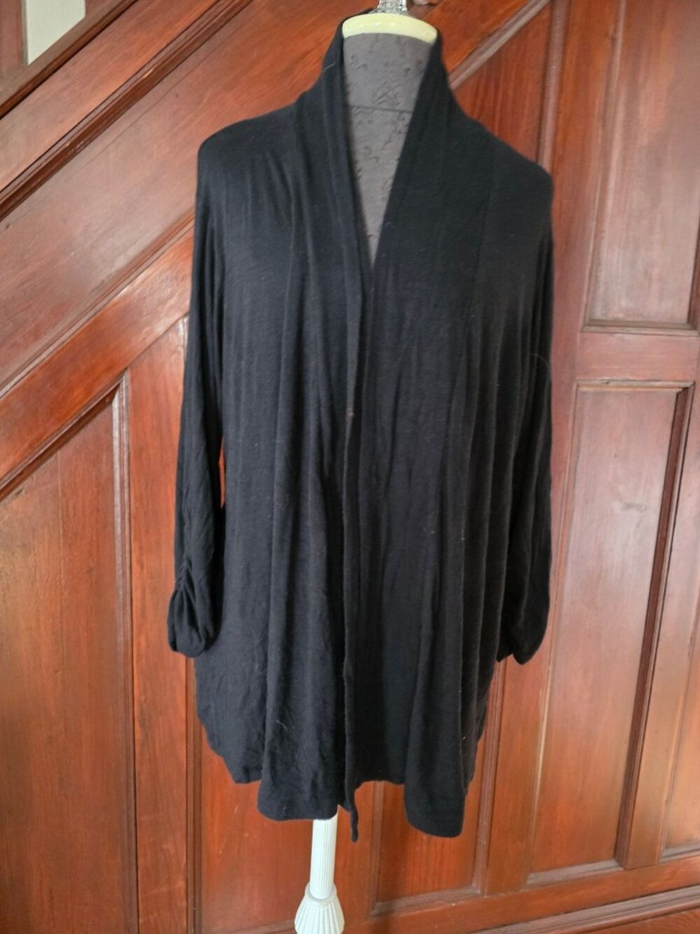 Bobeau Black Open Front Cardigan With Ruched Sleeves Womens 1X Mexico Rayon Blen
